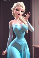 1girl ai_generated bare_shoulders blonde_hair blue_eyes braid breasts cleavage disney disney_princess dress elsa_(frozen) eyeshadow fellatio_gesture frozen_(film) hair_over_shoulder hi_res high_quality high_resolution large_breasts long_hair looking_at_viewer off_shoulder open_mouth patreon patreon_username seductive see-through sexy single_braid solo spicytoonai standing strapless strapless_dress tongue tongue_out uncensored watermark web_address