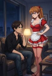 ai_assisted ai_generated apron asuka_langley_sohryu attack_on_titan blue_eyes book cleavage clueless_male contemplating cup_of_coffee dark_brown_hair digital_art displaying edited_ai eren_jaeger evangelion fishnet_legwear fishnet_stockings fishnets garter_straps green_eyes hand_on_hip im_whoop lamp legs living_room looking_down looking_up low_neckline maid_dress maid_uniform neon_genesis_evangelion nighttime no_sex not_getting_the_point part_of_a_set photoshop really? red_orange_hair serious_expression shingeki_no_kyojin sofa staring staring_up table twintails well_this_backfired window
