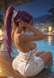 1girl 1girls adjusting_hair ai_generated anime arms_up artist_name ass back bare_arms bare_shoulders bleach bleach:_the_thousand-year_blood_war blurry breasts dark-skinned_female dark_skin from_behind hi_res high_quality high_resolution highres lantern large_breasts long_hair looking_at_viewer looking_back median_furrow naked_towel night night_sky onsen outdoors patreon patreon_logo patreon_url patreon_username ponytail purple_hair rock shihouin_yoruichi sideboob sidelocks sitting sky soaking_feet solo steam strunikim thighs towel tying_hair water watermark web_address wet wet_towel white_towel yellow_eyes yoruichi_shihouin
