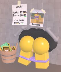 1girls 3d 3d_(artwork) ass ass_focus bdsm bikini bloxzrd bloxzrd_(artist) brown_hair glory_hole glory_wall long_hair paid_sex panties panties_around_leg panties_down plutonicylw pricelist prostitution questionable_consent retro_artstyle roblox roblox_avatar roblox_studio robloxian stuck style_emulation style_imitation style_parody video_games wall yellow_body yellow_skin