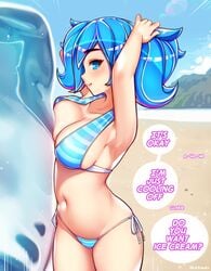 1girls bare_shoulders beach bikini blue_eyes blue_hair blush blushing_at_viewer breasts cooling_off dialogue english_text evie_(paladins) eye_contact female female_only heart-shaped_pupils ice ikkimay large_breasts light-skinned_female looking_at_viewer midriff navel outdoors paladins solo tagme text thighs twintails two_piece_swimsuit