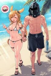 1girls ai_generated arknights beach blonde_hair blush cameltoe closed_eyes cute_couple doctor_(arknights) feet holding_hands hood kroos_(arknights) large_breasts open_mouth rabbit_ears rabbit_girl smile solo sweat thick_thighs toes upper_teeth_only walking white_bikini