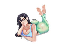 1girls ass barefoot big_ass black_hair breasts cleavage clothed deckman earrings feet female female_only grey_eyes large_breasts leaning_on_elbow lipstick long_hair mrdeck necklace pearl_necklace seductive_look soles solo tank_top the_pose white_background