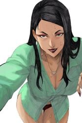 1girls 2d 2d_(artwork) alternate_version_available asian asian_female big_breasts black_hair black_lipstick breasts breedable_hips brown_eyes cleavage clothed clothing dark_hair debbie_grayson earrings eyeshadow female female_only fully_clothed hex_mamaniac hourglass_figure hourglass_figured_female image_comics invincible invincible_(tv_series) leaning_forward lipstick long_hair long_nails looking_at_viewer mature_female milf mother necklace no_pants panties red_lipstick slim_waist smiling smiling_at_viewer smirking smirking_at_viewer solid_color_background solo solo_female standing sweat sweatdrop sweating thick_thighs white_background wide_hips