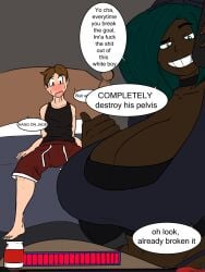 1boy 1girls big_boobs big_breasts blush chocolate_and_vanilla cleavage dark-skinned_female dark_skin female goku53npai gokusenpai green_eyes green_hair huge_breasts i_hate_taxes imminent_sex light-skinned_male light_skin male midriff shirt shorts streaming very_dark_skin