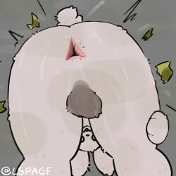 absurd_res animal_humanoid anthro anus at balls bent_over big_fat_stinky_unwashed_sweaty_bunny_(lspagf) bodily_fluids bulge bulge_from_behind butt clothing darkened_balls darkened_genitalia genitals grey_background hi_res humanoid lagomorph lagomorph_humanoid leg_grab leporid lspagf male mammal mammal_humanoid presenting rabbit ripped_underwear scut_tail short_tail simple_background solo sweat sweaty_butt tail thigh_grab torn_clothing torn_underwear underwear white_body