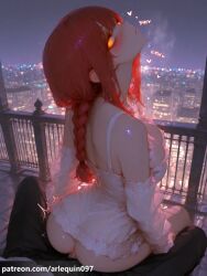 ai_generated makima_(chainsaw_man) chainsaw_man arlequin097 1girl long_hair breasts looking_at_viewer blush smile bangs large_breasts long_sleeves 1boy cleavage bare_shoulders sitting closed_mouth underwear yellow_eyes ass braid hetero heart sidelocks red_hair outdoors detached_sleeves penis solo_focus looking_back pants sex from_behind vaginal orange_eyes night glowing pov black_pants erection trembling lingerie glowing_eyes web_address clothed_sex braided_ponytail patreon_username city railing cityscape ringed_eyes reverse_cowgirl_position city_lights