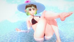alfhilde virtual_youtuber vtuber indie_virtual_youtuber koikatsu koikatsu_(medium) 3d water outdoors wink winking_at_viewer winking green_hair two-tone_hair elf_ears valkyrie sun_hat hibiscus crossed_legs bare_legs bare_midriff bare_shoulders swimsuit green_eyes partially_submerged sunny black_swimsuit sideboob cleavage medium_breasts short_hair braid open_mouth freckles triangle_bikini black_bikini bikini front_cross_bikini punishedkkanon