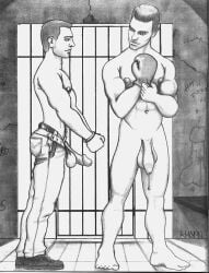 kmann_(artist) 2boys prisoner prison_cell balls penis erection flaccid foreskin uncircumcised cum cum_drip nipples muscular handcuffs boxing_gloves penis_drawing gay yaoi original traditional_media monochrome male male_only archived_source