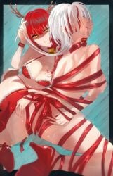 2girls chainsaw_man christmas female female/female female_only makima_(chainsaw_man) quanxi_(chainsaw_man) red-haired_female red_hair tagme_(artist) white-haired_female white_hair wrapped wrappings yuri