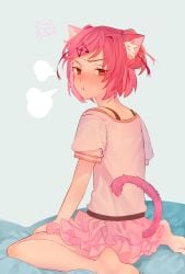 1girl animal_ear_fluff animal_ears artist_request barefoot blush bob_cut cat_ears cat_tail closed_mouth ddlc doki_doki_literature_club feet frilled_skirt frills full_body furrowed_brow hair_ornament hair_ribbon hairclip hands_on_own_thighs highres jc_(pixiv_66949345) kemonomimi_mode kneeling legs looking_at_viewer looking_back matching_hair/eyes medium_hair natsuki_(doki_doki_literature_club) nose_blush pink_eyes pink_hair pink_skirt pink_tail pout puff_of_air questionable questionable_consent red_ribbon ribbon seiza serenity_forge shirt short_sleeves short_twintails sitting skirt solo swept_bangs tail tail_raised team_salvato twintails white_shirt x_hair_ornament