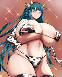 1girls alternate_version_available bikini blush breasts cleopatra_(fate) cow_print cow_print_bikini elbow_gloves fake_animal_ears fake_horns fate/grand_order fate_(series) female gloves hi_res huge_breasts long_hair megao_3rd navel plump solo sweat thick_thighs thighhighs very_long_hair wide_hips year_of_the_ox