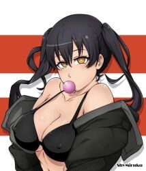 1girls solo female_only female female_focus long_hair collarbone shoulders cleavage large_breasts breasts midriff white_background simple_background upper_body highres high_resolution standing hair_between_eyes looking_at_viewer digital digital_media digital_art digital_drawing digital_media_(artwork) digital_drawing_(artwork) 2d 2d_(artwork) 2d_artwork drawing enen_no_shouboutai en'en_no_shouboutai fire_force kotatsu_tamaki black_hair black-haired_female orange_eyes orange-eyed_female twintails twintails_(hairstyle) white_pupils tilted_head head_tilt eyebrows_visible_through_hair bubblegum jacket coat black_jacket black_coat open_jacket open_coat bikini swimsuit swimwear bikini_top black_bikini black_swimsuit black_swimwear black_bikini_top string_bikini halterneck busty busty_female busty_girl busty_teen busty_teenager teenage_tits nipple_bulge large_boobs big_breasts big_boobs belly stomach linea_alba fit_female shymiruku red_background nude naked nudity naked_female nude_female exposed naked_woman half_naked half_nude semi_nude partially_undressed bare_skin bare_shoulders bare_chest bare_midriff exposed_skin exposed_shoulders exposed_chest exposed_midriff