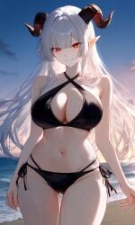 ai_generated bikini black_bikini boobs breasts demon_girl female halterneck horns multi-strapped_bikini oc original_character red_eyes roselynn_rosenthal sexy silver_hair string_bikini tits white_hair