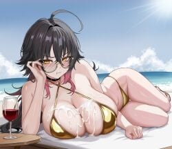 1girl absurdres ahoge alcohol beach bikini black_choker black_hair blush breasts choker cleavage closed_mouth commentary_request cum cum_bridge cum_on_body cum_on_breasts cup day drinking_glass female female_only glasses gold_bikini golden_week highres lansulynn large_breasts long_hair looking_at_viewer lotion lying ocean on_side original outdoors pout red_hair solo sunscreen swimsuit thighs wine wine_glass yellow_eyes