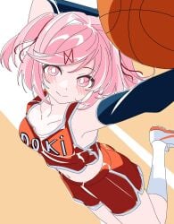 1girl arm_warmers arms_up ball basketball_(object) basketball_court basketball_jersey blush breasts bright_pupils closed_mouth collarbone commentary doki_doki_literature_club dolphin_shorts dot_nose english_commentary from_above hair_intakes hair_ornament hair_over_one_eye hair_ribbon highres holding holding_ball jumping looking_at_viewer looking_up midriff natsuki_(doki_doki_literature_club) navel orange_trim pink_eyes pink_hair print_shirt rachel_campbell red_ribbon red_shirt red_shorts ribbon shirt shoes short_hair shorts small_breasts smile socks solo swept_bangs two_side_up white_pupils white_shoes white_socks white_trim x_hair_ornament ddlc team_salvato serenity_forge basketball questionable_consent questionable