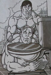 2boys archived_source ass bathroom gay male male_only matt_(charles_edward_kerbs) monochrome nipples original tagme toilet toilet_sex traditional_media yaoi