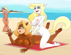 3girls animaniacs barefoot beach blush breasts coco_bandicoot crash_(series) crossover feet female fur furry killer_lotion large_breasts minerva_mink nipples nude rodjim suntan_lotion tanned tawna_bandicoot