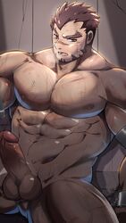 1boy akashi_(live_a_hero) bara blush brown_hair completely_nude cuffs erection facial_hair feet_out_of_frame goatee handcuffs highres large_pectorals live-a-hero long_sideburns male_focus muscular muscular_male nipples nude orange_(agnimon11803164) pectorals red_eyes scar scar_on_face scar_on_nose short_hair sideburns solo sweat thick_eyebrows thick_thighs thighs uncensored