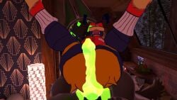 bee_humanoid dick_between_ass erp green_body green_eyes happy_male looking_at_viewer pizza_bee_(xexeezy) protogen teasing vrchat vrchat_avatar yellow_body