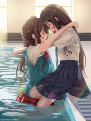 2girls aqua_bra aqua_cardigan aqua_shirt aqua_underwear artist_name asymmetrical_hair bent_knees blue_eyes blue_skirt blush bra brown_hair cardigan closed_eyes closed_mouth clothing duo earrings embracing female green_eyes high_resolution hmax holding_close hug idolmaster idolmaster_cinderella_girls in_water jewelry large_filesize lingerie long_hair looking_at_another multiple_girls one-side-up open_mouth partially_submerged piercing pixiv plaid plaid_skirt pleated_skirt ponytail pool poolside red_skirt school_uniform see-through shibuya_rin shimamura_uzuki shirt short_sleeves side_ponytail sidelocks sitting skirt smile standing sweater text the_idolm@ster_cinderella_girls the_idolmaster_cinderella_girls:_starlight_stage tied_hair transparent_clothes underwear uniform very_high_resolution wading water watermark wet wet_clothes wet_hair wet_shirt white_shirt wholesome yuri