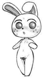 3rd1m animal_crossing anthro aroused aroused_face aroused_female blush bodily_fluids breasts censored censored_genitalia censored_vulva chibi erect_nipples female genitals hi_res lagomorph leporid mammal monochrome nintendo nipples on_model rabbit ruby_(animal_crossing) small_breasts solo standing surprised sweat sweaty_face vulva