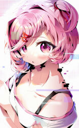 1girl :< aloe_(kenkou3733) arms_under_breasts artist_name blush bob_cut bra_strap breasts casual collarbone commentary crossed_arms doki_doki_literature_club from_above glitch grid_background hair_intakes hair_ornament hair_ribbon highres looking_at_viewer looking_up natsuki_(doki_doki_literature_club) off-shoulder_shirt off_shoulder parted_lips pink_eyes pink_hair raised_eyebrows red_ribbon ribbon shirt short_hair signature small_breasts solo swept_bangs two_side_up upturned_eyes white_background white_shirt x_hair_ornament ddlc team_salvato serenity_forge
