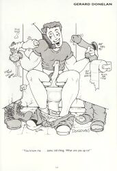 3boys balls bathroom erection gay gerard_donelan glory_hole male male_only monochrome original pants_down penis penis_drawing phone pubic_hair public_bathroom toilet toilet_paper traditional_media yaoi