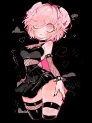 1girl armlet arms_at_sides bare_shoulders black_background black_horns black_shirt black_skirt black_thighhighs blush bob_cut bracelet breasts breath closed_mouth commentary cowboy_shot cropped_legs cupcake ddlc doki_doki_literature_club english_commentary expressionless eyelashes fishnet_sleeves fishnet_thighhighs fishnet_top fishnets food from_side goth_fashion hair_ornament hair_over_one_eye hair_ribbon halo halterneck hand_on_own_thigh heart highres horns jewelry latex latex_shirt latex_skirt latex_thighhighs light_frown looking_at_viewer looking_to_the_side mechanical_pencil medium_breasts midriff miniskirt narrow_waist natsuki_(doki_doki_literature_club) navel panties pantyshot pencil pink_eyes pink_hair pink_panties pink_ribbon ribbon serenity_forge shiny_clothes shirt skindentation skirt skull_and_crossbones slit_pupils solo sparkle spiked_armlet spiked_bracelet spikes standing steaming_body swept_bangs team_salvato thigh_strap thighhighs two_side_up underwear usa37107692 wide-eyed wide_hips x_hair_ornament