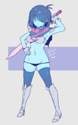 1girls bikini_armor blue_skin deltarune female hand_on_hip komugiko_(bitte_komu) kris_(dark_world_form) kris_(deltarune) kris_female_(deltarune) panties solo ss_komu sword