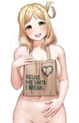 arrow_(symbol) blonde_hair blush braid breasts covering covering_breasts cowboy_shot crown_braid english_text female groin hair_rings highres large_breasts looking_at_viewer love_live! love_live!_sunshine!! navel nude ohara_mari recycling_symbol reuse_me_untill_i_break_bag_(meme) smile solo sweat yellow_eyes yonsi