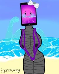 1girl 1girls adamation_inc. adamationz animationepic black_nipples blushing blushing_face bow female female_only genderswap genderswap_(mtf) huge_breasts inanimate_insanity inanimate_insanity_(season_2) looking_at_viewer mepad robot robot_girl rule63 rule_63 sea sling_bikini solo solo_female summer variant_set white_bow zsona_creepy(artist)