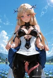 1girl ai_generated bangs bare_shoulders black_bra blonde_hair blue_eyes blue_sky blush bra breasts cartethyia_(wuthering_waves) circlet cleavage closed_mouth clothes_lift cloud cowboy_shot day dress dress_lift earrings elf field flower jewelry kermixx lifted_by_self long_hair looking_down medium_breasts multiple_boys multiple_girls outdoors pantyhose pointy_ears public_indecency pussy pussy_juice skirt skirt_lift sky solo_focus tentacle_sex tentacles torn_clothes uncensored underwear vaginal vaginal_object_insertion very_long_hair wet white_dress wuthering_waves