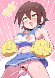 1girls absurd_res absurdres aile_(mega_man_zx) bare_shoulders blue_shirt blue_skirt breasts buzzlyears cheerleader clothing_cutout cowboy_shot cropped_shirt dildo female female_ejaculation female_only green_eyes heart_cutout hi_res highres medium_breasts mega_man_(series) mega_man_zx miniskirt navel nipple_cutout nipples no_panties object_insertion open_mouth pink_background pleated_skirt pussy_juice robot_ears rolling_eyes saliva sex_toy shirt short_hair simple_background skirt solo vaginal_object_insertion vaginal_penetration white_shirt