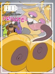 animatronic animatronic_female beakless big_breasts breasts_against_screen camera_view chicken chicken_girl dglartist dialogue female five_nights_at_freddy's five_nights_at_freddy's_2 fnaf licking_screen long_tongue phasianid robot robot_girl scottgames toy_chica_(fnaf) withered_bonnie withered_chica withered_freddy yellow yellow_skin