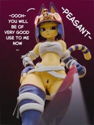 2026 3:4 3d_(artwork) animal_crossing ankha_(animal_crossing) anthro armwear arrow_pointing_to_crotch arrow_pointing_to_pussy arrow_tattoo bandage bandaged_arm bandaged_chest bandaged_leg belly blue_armwear blue_clothing blue_elbow_gloves blue_fingerless_gloves blue_gloves blue_hair blue_handwear blue_legwear blue_thigh_highs bob_cut bottomless bottomless_anthro bottomless_female bracelet breasts claws clothed clothing crotch_lines dialogue digital_media_(artwork) directional_arrow domestic_cat egyptian egyptian_clothing egyptian_headdress elbow_gloves english_text felid feline felis female female_only finger_claws fingerless_gloves fingers first_person_view fur fur_markings genitals gloves hair hand_on_hip handwear headgear headwear holding_leash holding_object jewelry leash leash_pull leashed_pov leashed_viewer legwear looking_at_viewer looking_down low-angle_view magenta_background mammal markings medium_breasts midriff mummy_wrappings nintendo nothingsorter nothingsorter_(artist) pubic_markings pubic_tattoo short_hair simple_background solo speech_bubble striped_markings striped_tail stripes tail tail_markings tattoo text thigh_highs unimpressed vulva warfare_ankha wide_hips yellow_body