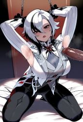 ai_generated bunnyart02 1girl female arlecchino_(genshin_impact) clothing_cutout hetero male 1boy armpits breasts black_hair chain multicolored_hair penis kneeling genshin_impact clothing pants white_hair arms_up large_breasts looking_at_viewer armpit_sex solo_focus sweat black_eyes dark-skinned_male black_pants x-shaped_pupils chained erection symbol-shaped_pupils long_sleeves red_pupils streaked_hair white_jacket armpit_cutout bound parted_lips arms_behind_head hair_between_eyes restrained blush red_lips short_hair disembodied_penis two-tone_hair chained_wrists jacket bound_arms dark_skin torn_clothes grey_vest