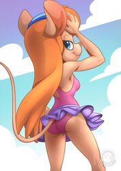 2021 accessory anthro anthrofied ass blue_eyes bottomwear chip_'n_dale_rescue_rangers clothing disney female frill_(disambiguation) frilly frilly_clothing frilly_swimwear gadget_hackwrench hair_accessory hairband hi_res looking_at_viewer looking_back mammal medium_breasts mouse mouse_ears mouse_tail murid murine mysticalpha one-piece_swimsuit pink_clothing pink_swimwear rodent skirt solo swimwear