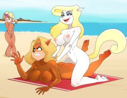 3girls animaniacs barefoot beach blush breasts coco_bandicoot crash_(series) crossover feet female fur furry killer_lotion large_breasts minerva_mink nipples nude orgasm suntan_lotion tawna_bandicoot yuri