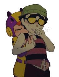 1girl1boy affectionate bea_(brawl_stars) black_hair blush brawl_stars cum cum_drip digital_art erection fapping female ginger_hair glowbert_(brawl_stars) glowy_(brawl_stars) handjob hug hugging_from_behind jerkingoff_another kiss kissing_back male masturbating_other masturbation penis straight uncut_penis