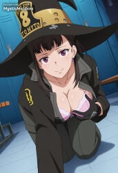 1girl breasts hat underwear bra solo looking_at_viewer pink_bra cleavage witch_hat gloves purple_eyes black_gloves smile large_breasts collarbone locker brown_hair indoors all_fours locker_room grabbing_own_breast black_hair long_hair kneeling open_clothes ai_generated anime anime_style hentai hi_res mystic_maidens patreon maki_oze oze_maki en'en_no_shouboutai enen_no_shouboutai fire_force