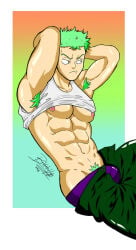 baskatahage one_piece hands_behind_head abs six_pack pecs pectorals half-dressed bulge penis_bulge erection erection_under_clothes erect_penis pants_down shirt_lift frown frowning looking_away exibitionism pretending_not_to_like_it simple_artstyle roronoa_zoro zoro zoro_(one_piece) bara barazoku bara_tits 1boy male bara_tiddies male_only male_focus manly masculine_male gay yaoi solo_focus solo solo_male muscular muscular_male muscles pubic_hair armpit_hair hairy hairy_male hunk beefy tough_guy bigger_male larger_male broad_shoulders pre-timeskip japanese_male pirate big_dick_energy green_hair green_pubic_hair green_armpit_hair defined_muscles cute_face