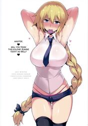 absurd_res absurdres armpits arms_behind_back arms_behind_head arms_up ass bare_shoulders big_breasts black_legwear blonde_hair blue_eyes blush bodily_fluids braid breasts cleavage closed_mouth clothing condom condom_in_mouth condom_wrapper cowboy_shot embarrassed english_text erect_nipples eyebrows fate/apocrypha fate/grand_order fate_(series) female female_only full-face_blush hair hair_between_eyes halcon harukon_(halcon) heart hi_res highres huge_breasts jeanne_d'arc_(fate) jeanne_d'arc_(fate)_(all) jeanne_d'arc_(fate/apocrypha) kneehighs large_breasts legs legwear light_skin long_hair looking_at_viewer midriff mouth_hold necktie no_bra open_clothes open_mouth panties pink_panties ribbon short_shorts shorts simple_background single_braid sleeveless solo solo_focus spread_legs standing straight sweat tagme text thick thick_thighs thigh_gap thighhighs thighs thong underwear undressing uniform very_long_hair voluptuous wet white_background wide_hips young