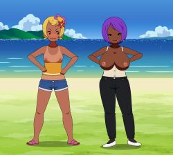 angry areolae battle_for_dream_island bedroom_eyes black_eyes boob_envy boobs breast_envy breasts competition flashing_at_viewer flashing_breasts flip_flops flower_(bfdi) flustered fully_clothed gijinka jealous jealous_female kisekae kisekae_2 large_breasts lollipop_(bfdi) non-slip_shoes_so_ha object_shows outside outside_nudity pink_hair pulling_down_shirt purple_hair self_upload shorts small_breasts smirking_at_viewer tanline tongue_out tube_top unbuttoned_shirt