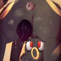 1:1 animal_genitalia animal_vulva anus black_body black_fur black_vulva blush blush_lines butt canine_genitalia canine_vulva cheek_tuft colored digital_media_(artwork) eeveelution facial_tuft female female_feral feral fur generation_2_pokemon genital_focus genitals hi_res lodetail looking_back markings nintendo pawpads paws plump_labia pokemon pokemon_(species) presenting presenting_vulva red_eyes shaded simple_background solo spreading tail tail_anus tongue tuft umbreon vulva vulva_focus yellow_body yellow_fur yellow_pawpads