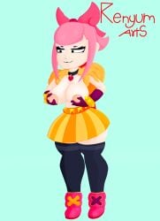 supercell brawl_stars melodie_(brawl_stars) female female_only female_focus solo solo_focus solo_female partially_clothed tits tits_out big_breasts thick_thighs pink_hair light_skin nipples touching_nipples rhenyumarts 2026 2d 2d_(artwork) 2d_artwork