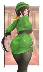 1girl ass bowler_hat brown_hair commentary english_commentary formal_clothes from_behind green_hat green_jacket green_skirt hat hayakawa_tazuna highres himahari_neru jacket long_hair looking_at_viewer looking_back low_ponytail pantyhose ponytail skirt skirt_suit solo suit umamusume umamusume_pretty_derby