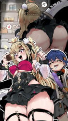 2girls ahoge ass bare_shoulders belle_(zenless_zone_zero) big_ass big_butt black_panties black_shirt black_skirt blonde_hair blue_hair blush breasts censored cissia_(zenless_zone_zero) closed_eyes commentary_request cookca detached_sleeves drooling english_commentary food hair_between_eyes hair_ornament hairclip heart highres holding holding_sex_toy holding_spoon large_breasts letter_hair_ornament long_hair metal_wrist_cuffs miniskirt mixed-language_commentary mosaic_censoring multiple_girls musical_note open_mouth panties pantyshot pom_pom_(clothes) pom_pom_hair_ornament pudding red_eyes refrigerator sex_toy shirt short_hair skirt snake_girl snake_tail spoken_heart spoken_musical_note spoon tail thick_thighs underboob underwear upskirt zenless_zone_zero