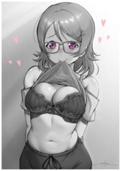 1girls arms_behind_back black_and_white bra glasses heart_symbol hearts koizumi_hanayo love_live! love_live!_school_idol_project purple_eyes shirt_in_mouth tagme unsfrau