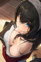 bare_shoulders black_hair blue_eyes blush book book_(object) breasts cleavage clothing dare-san down_blouse exposed_shoulders female female_focus hairband headband high_resolution holding holding_book holding_object idolmaster idolmaster_cinderella_girls jewelry large_breasts light-skinned long_hair looking_at_viewer looking_back looking_up_at_viewer mossi necklace off-shoulder_sweater off_shoulder open_mouth pov sagisawa_fumika solo_focus sweater viewed_from_above